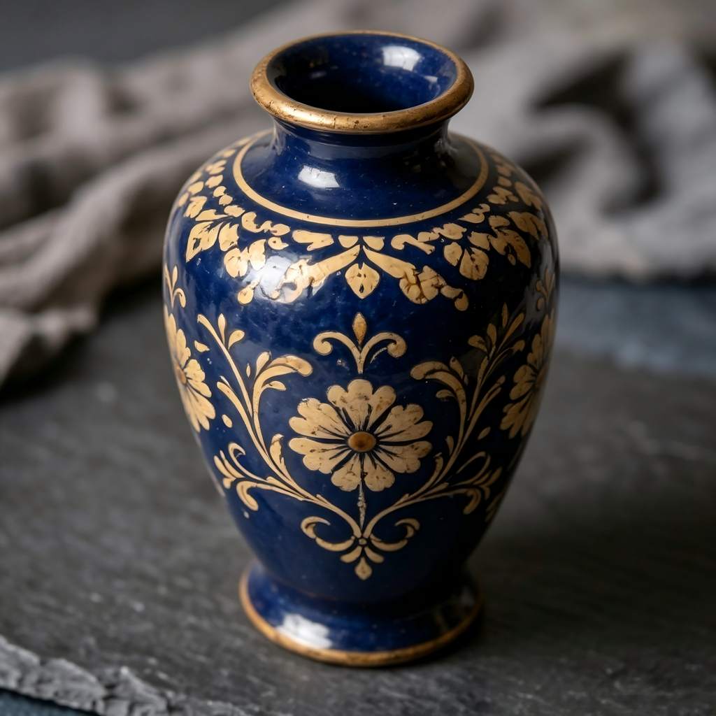 Timeless Cobalt Blue Vintage Floral Ceramic Vase