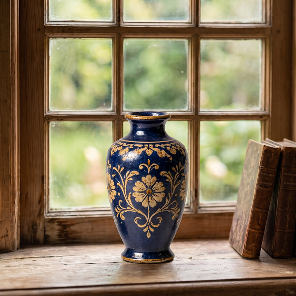 Timeless Cobalt Blue Vintage Floral Ceramic Vase
