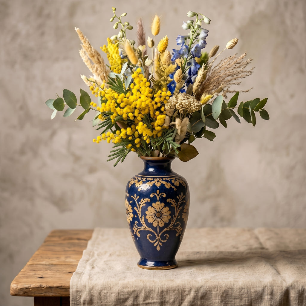Timeless Cobalt Blue Vintage Floral Ceramic Vase