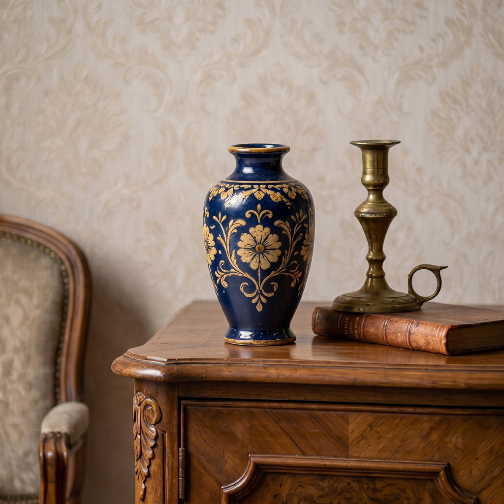Timeless Cobalt Blue Vintage Floral Ceramic Vase
