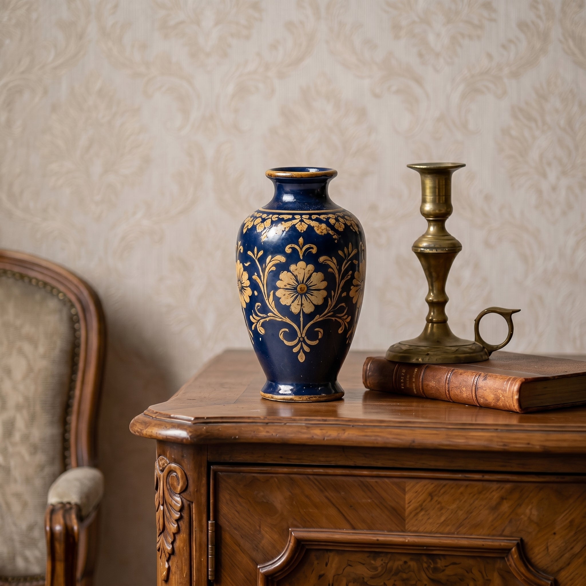 Timeless Cobalt Blue Vintage Floral Ceramic Vase