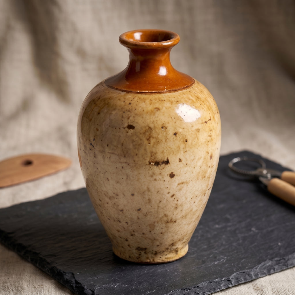 Rustic Two-Tone Amber and Speckled Sand Ceramic Vase