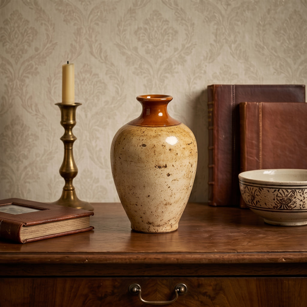 Rustic Two-Tone Amber and Speckled Sand Ceramic Vase