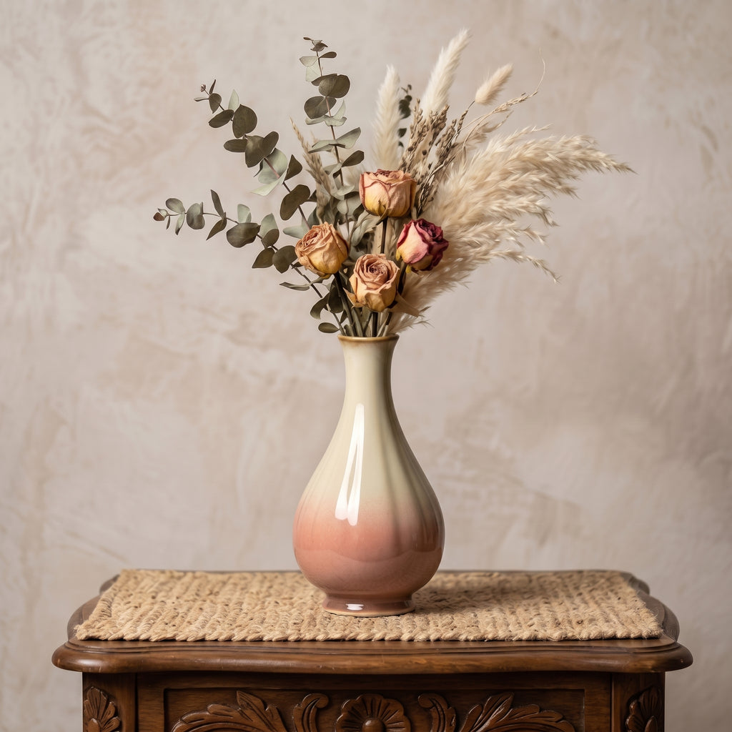 Elegant Ombre Blush and Cream Ribbed Ceramic Vase