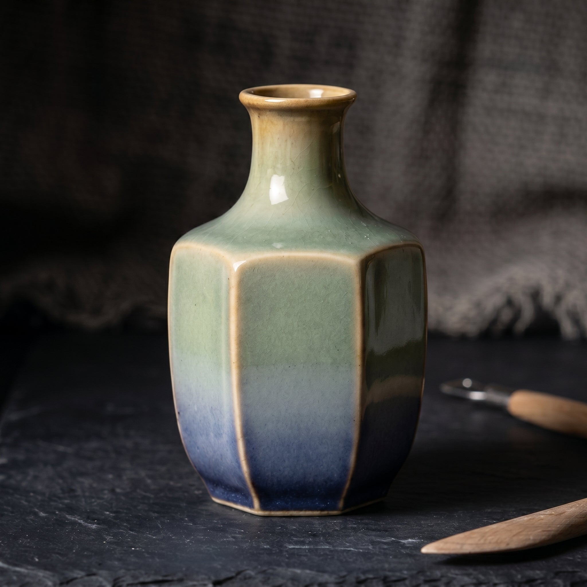 Faceted Ombre Earth to Ocean Geometric Ceramic Vase