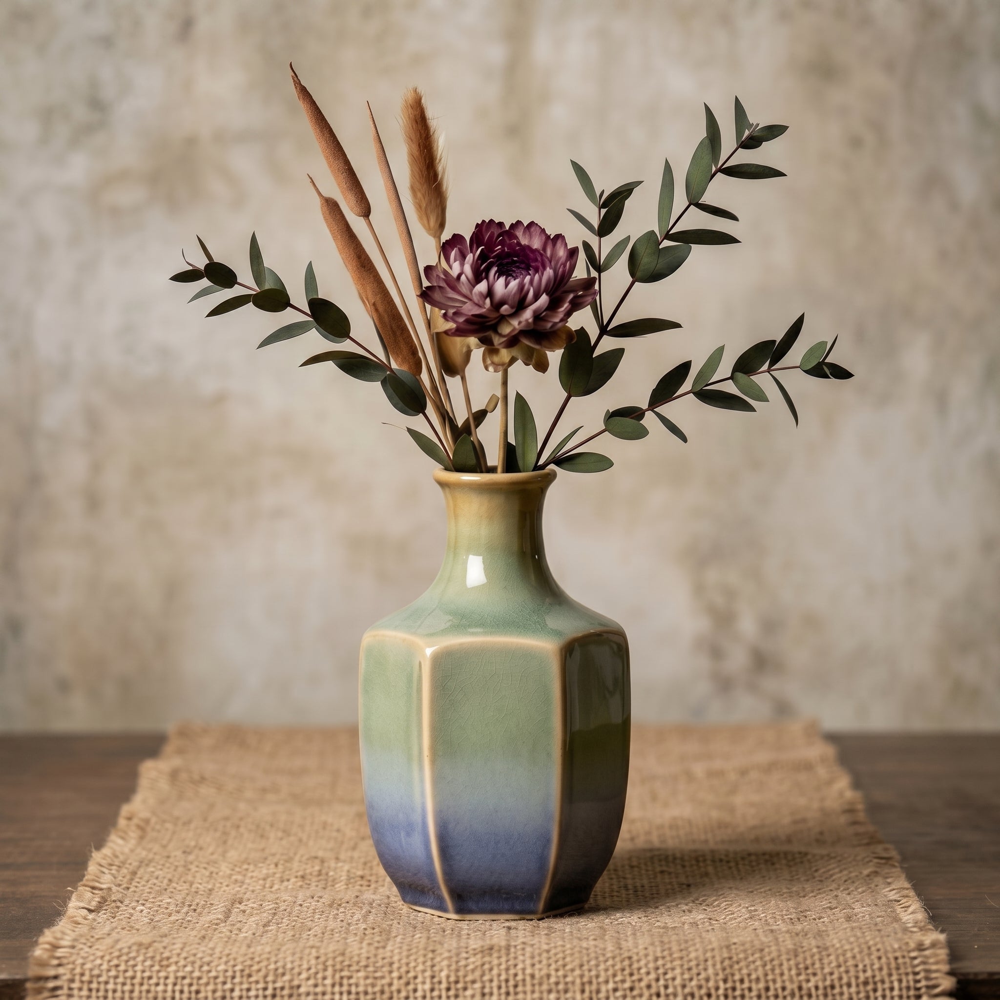 Faceted Ombre Earth to Ocean Geometric Ceramic Vase