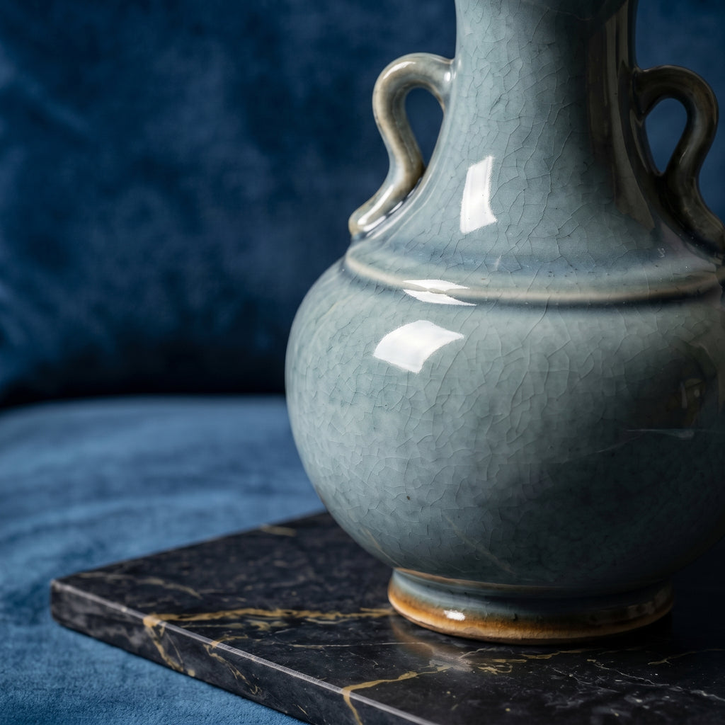 Elegant Vintage Celadon Blue Crackle Glaze Twin-Handle Ceramic Vase