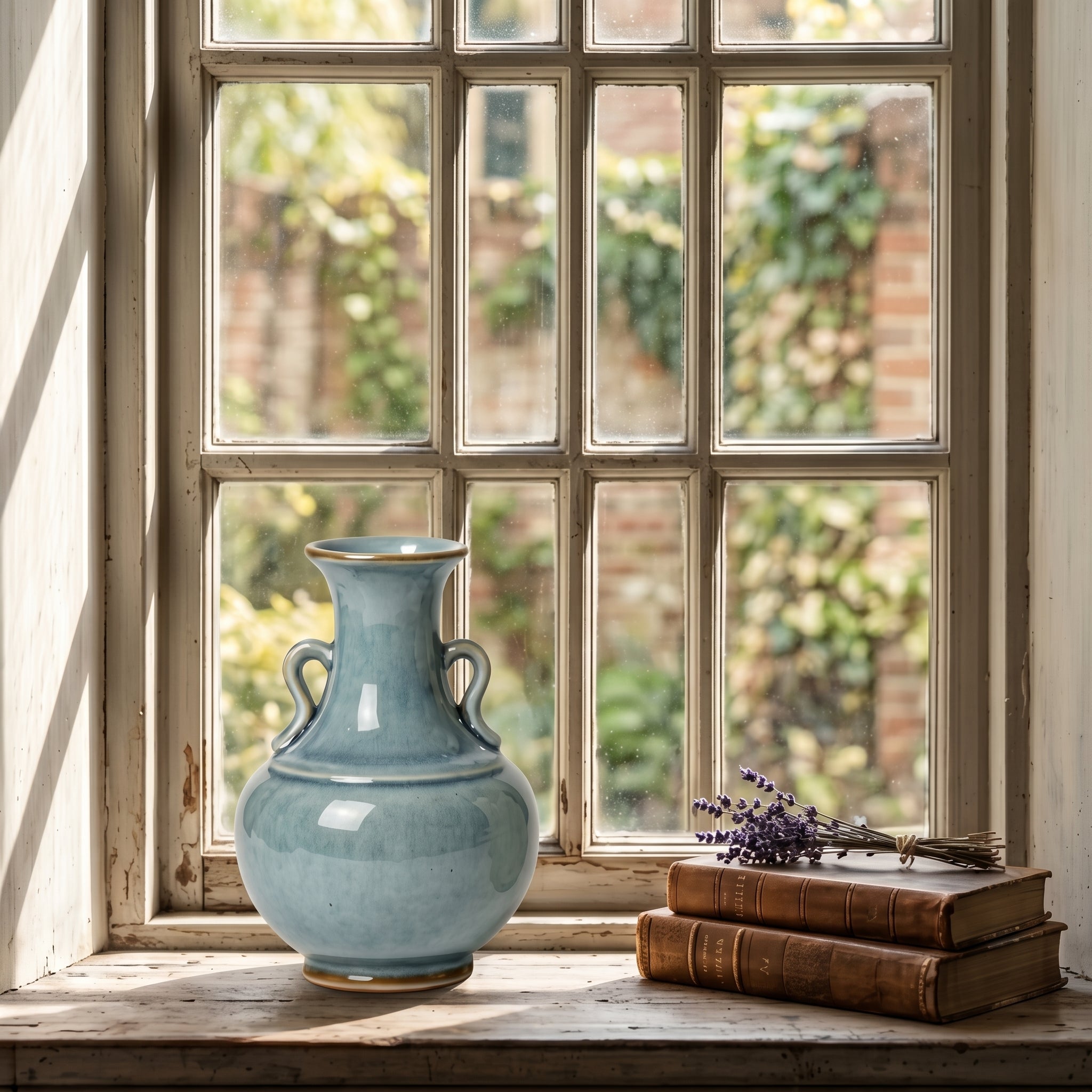 Elegant Vintage Celadon Blue Crackle Glaze Twin-Handle Ceramic Vase