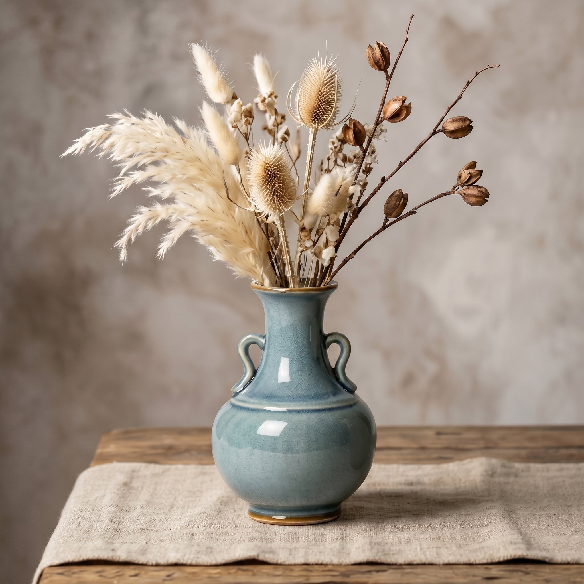 Elegant Vintage Celadon Blue Crackle Glaze Twin-Handle Ceramic Vase