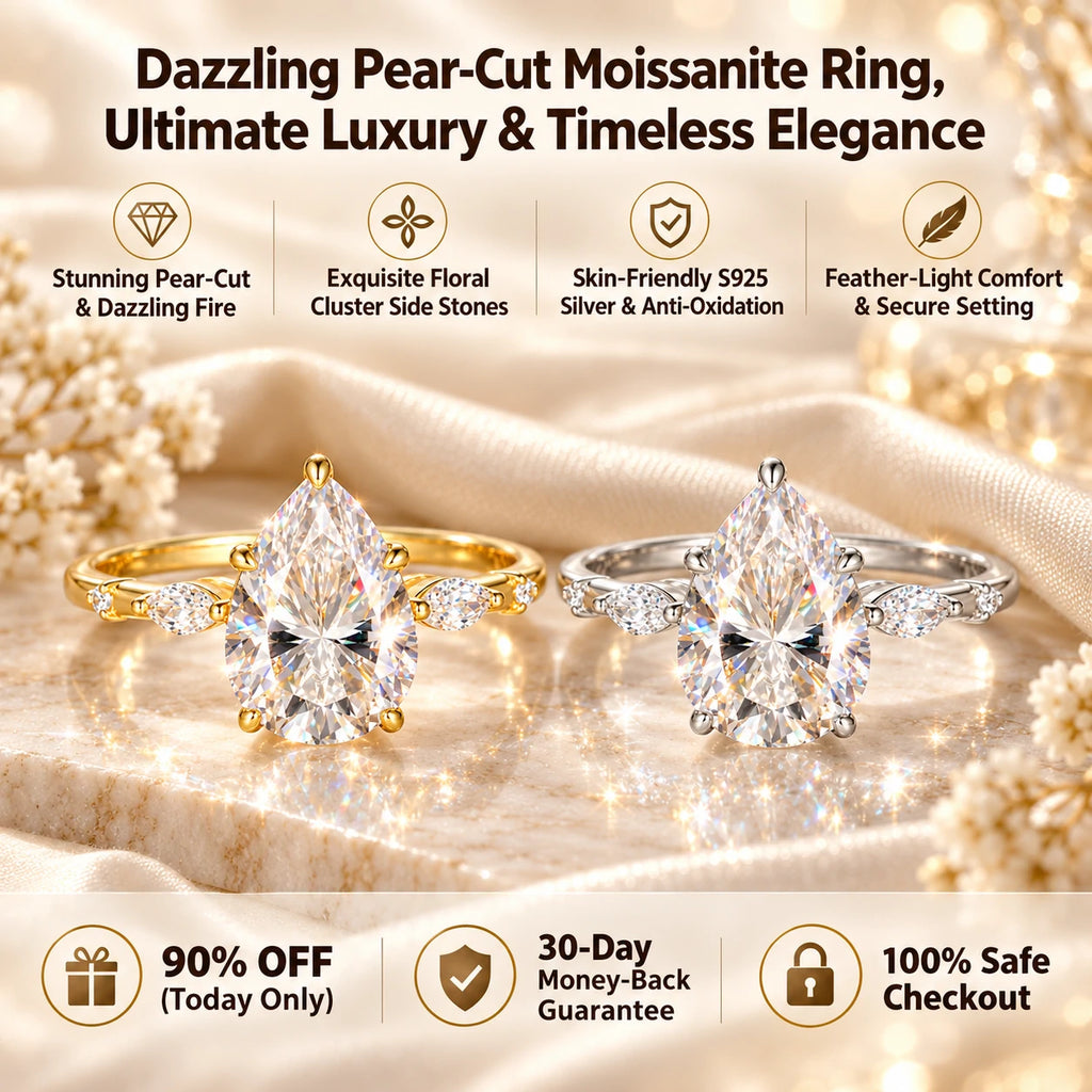 🔥 LAST DAY 90% OFF : Dazzling Pear-Cut Moissanite Ring | 18K Gold Plated S925 Teardrop Solitaire Ring with Marquise Accents