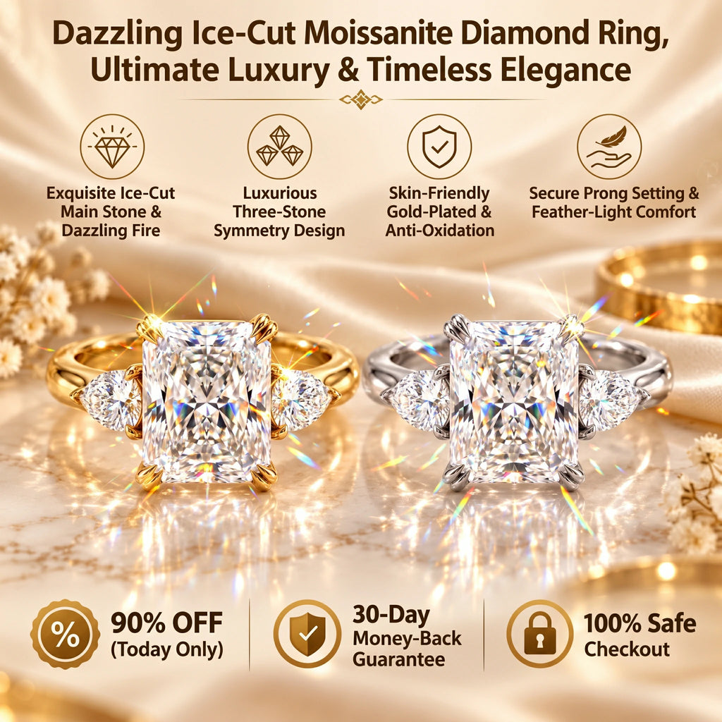 🔥 LAST DAY 90% OFF : Dazzling Ice-Cut Moissanite Diamond Ring (1.5CT - 5.0CT) | 18K Gold Plated S925 Three-Stone Radiant Ring with Trillion Accents