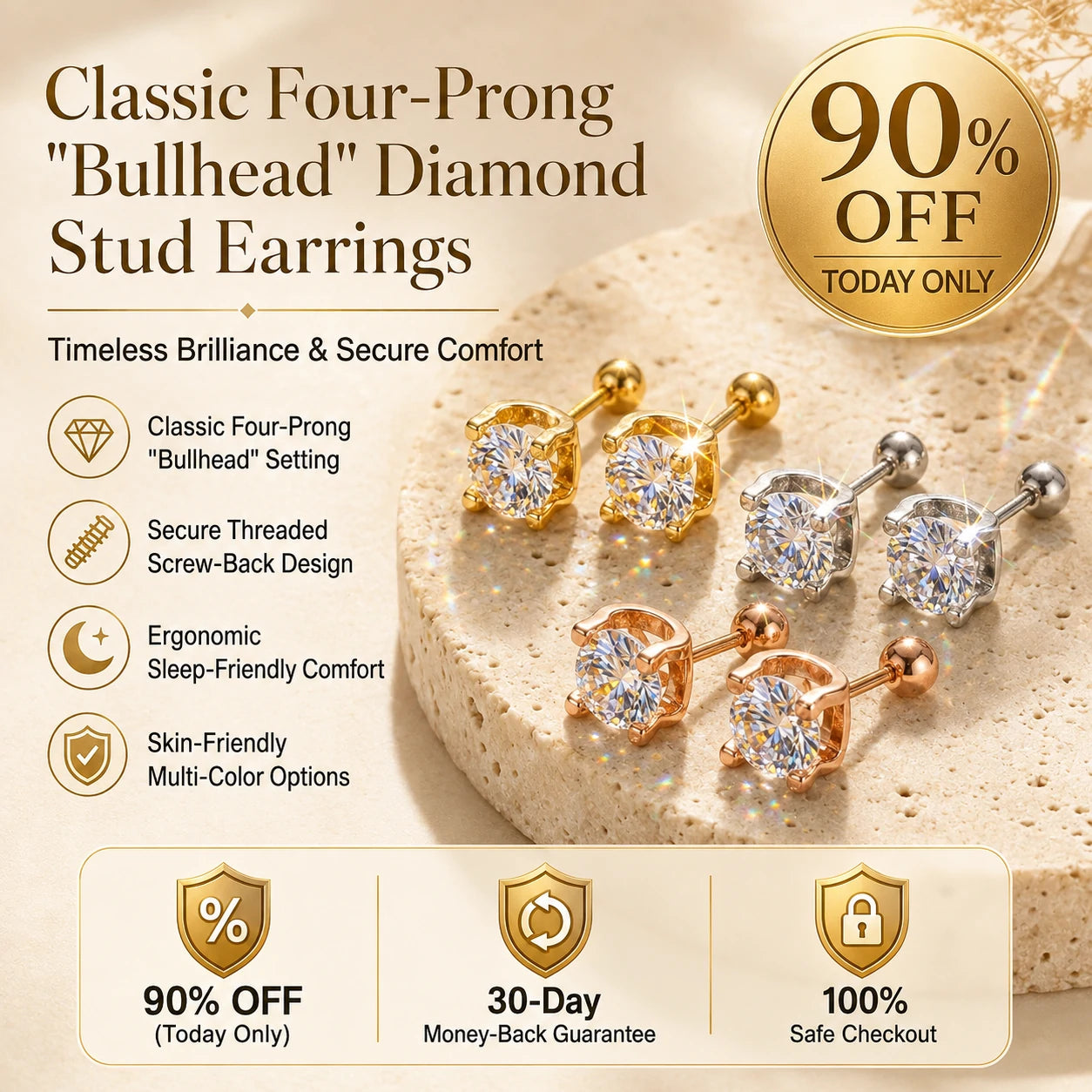 🔥 LAST DAY 90% OFF : Classic Four-Prong "Bullhead" Diamond Stud Earrings (Secure Screw-Back) – Timeless Brilliance & Sleep-Friendly Comfort