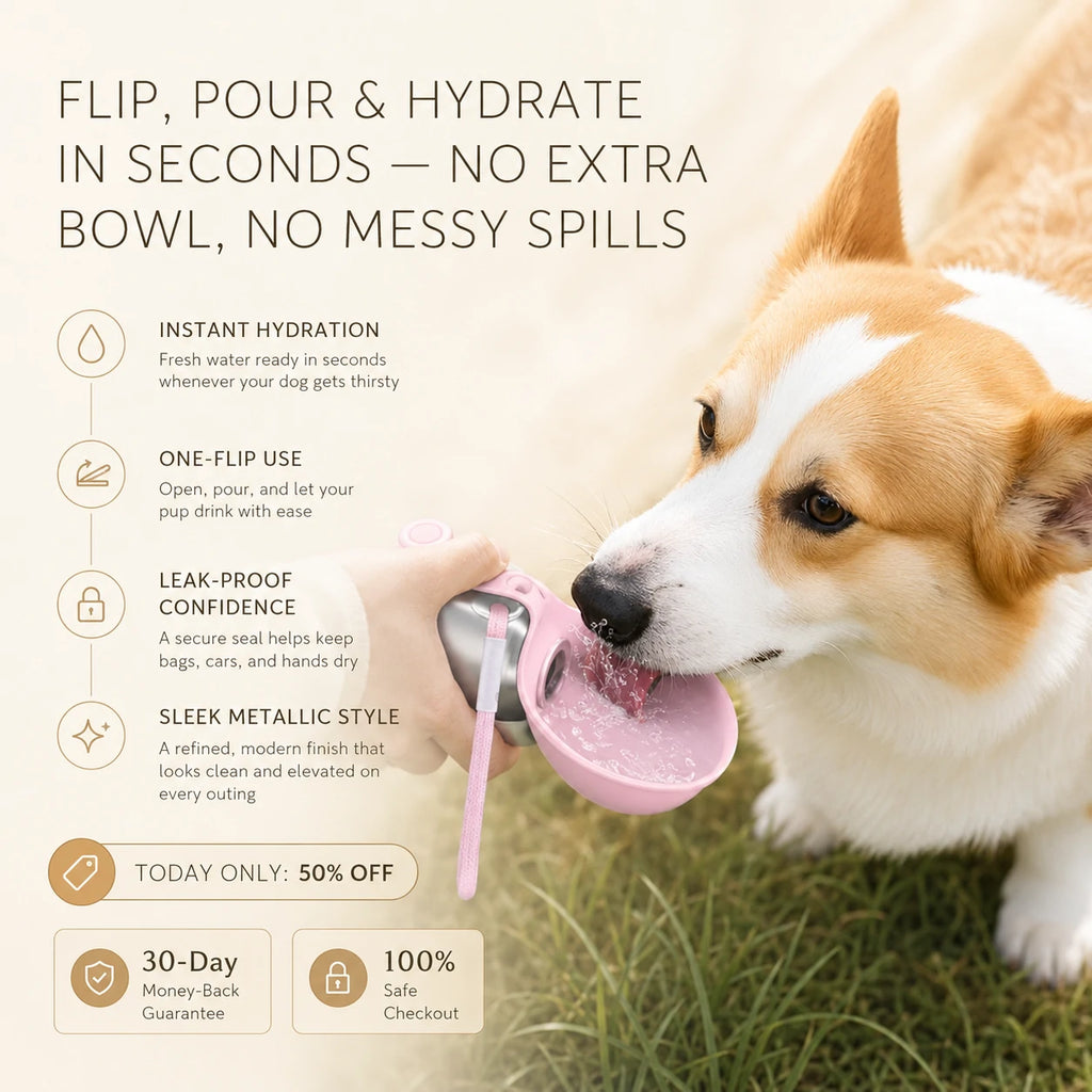 Portable Dog Water Bottle, 10 oz Stainless Steel Pet Travel Dispenser with Silicone Foldable Bowl, Leak Proof Tumbler, Dog Walking Accessories for Hiking and Small Pets