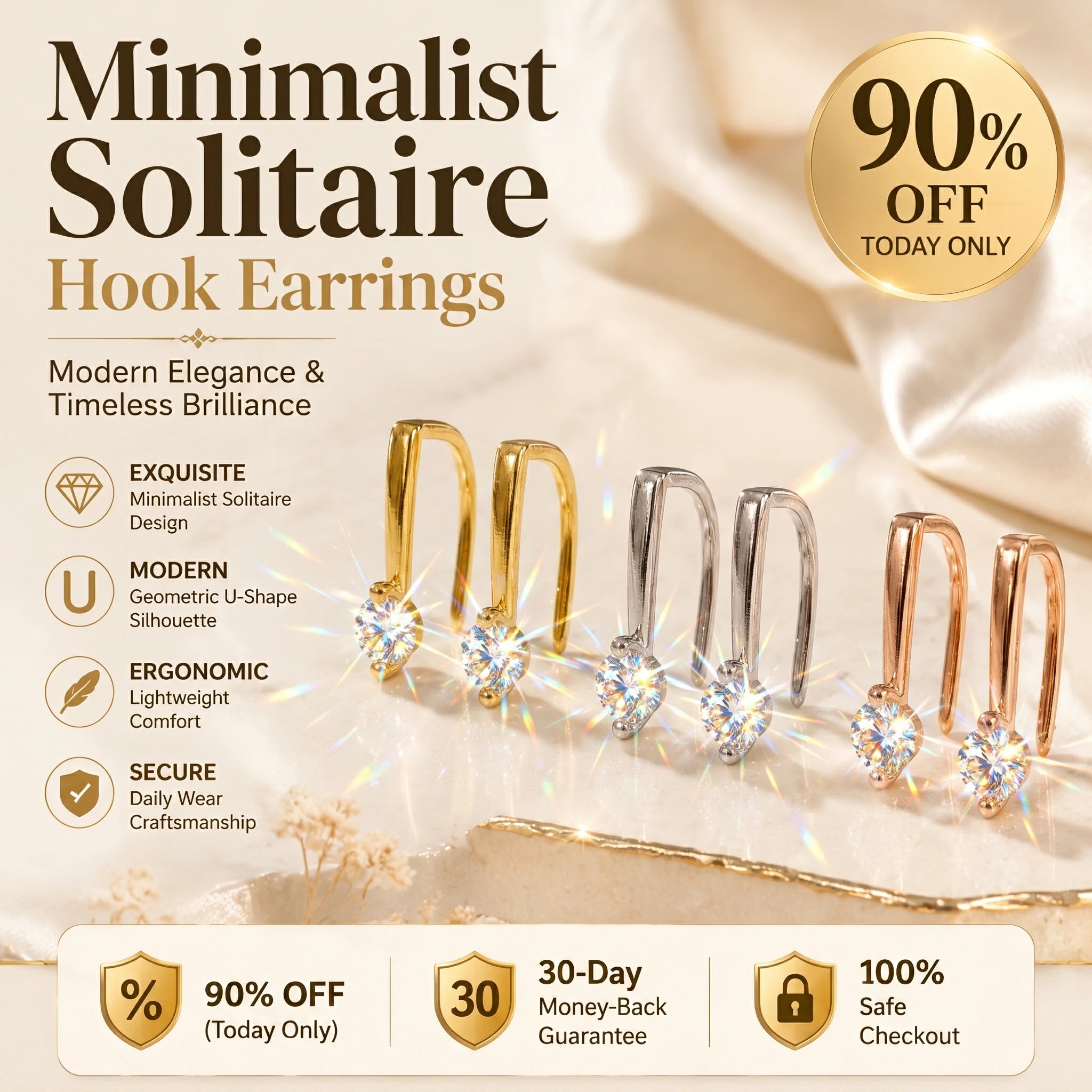 🔥 LAST DAY 90% OFF : Minimalist Solitaire U-Shape Hook Earrings – Easy-On Comfort & Timeless Brilliance