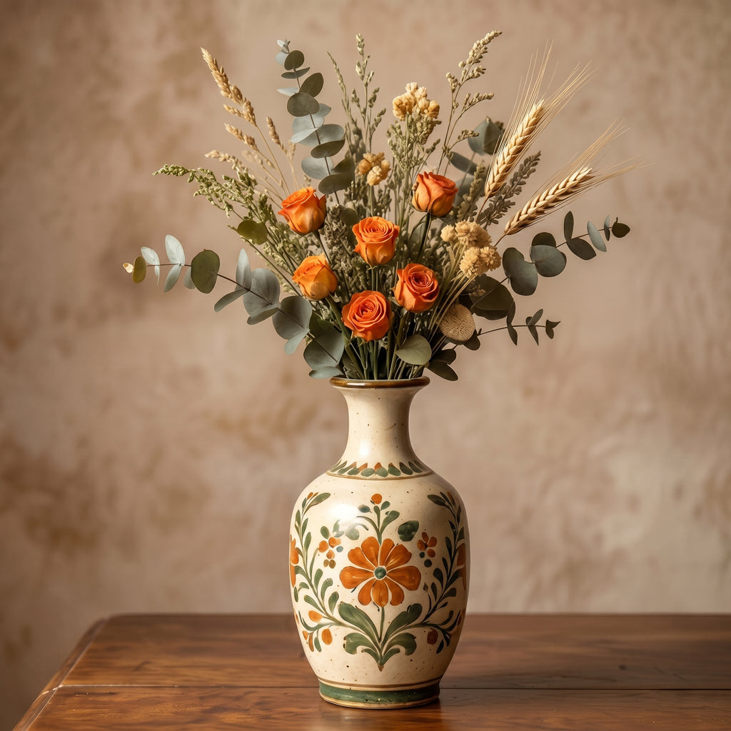 Rustic Hand-Painted Floral Ceramic Vase