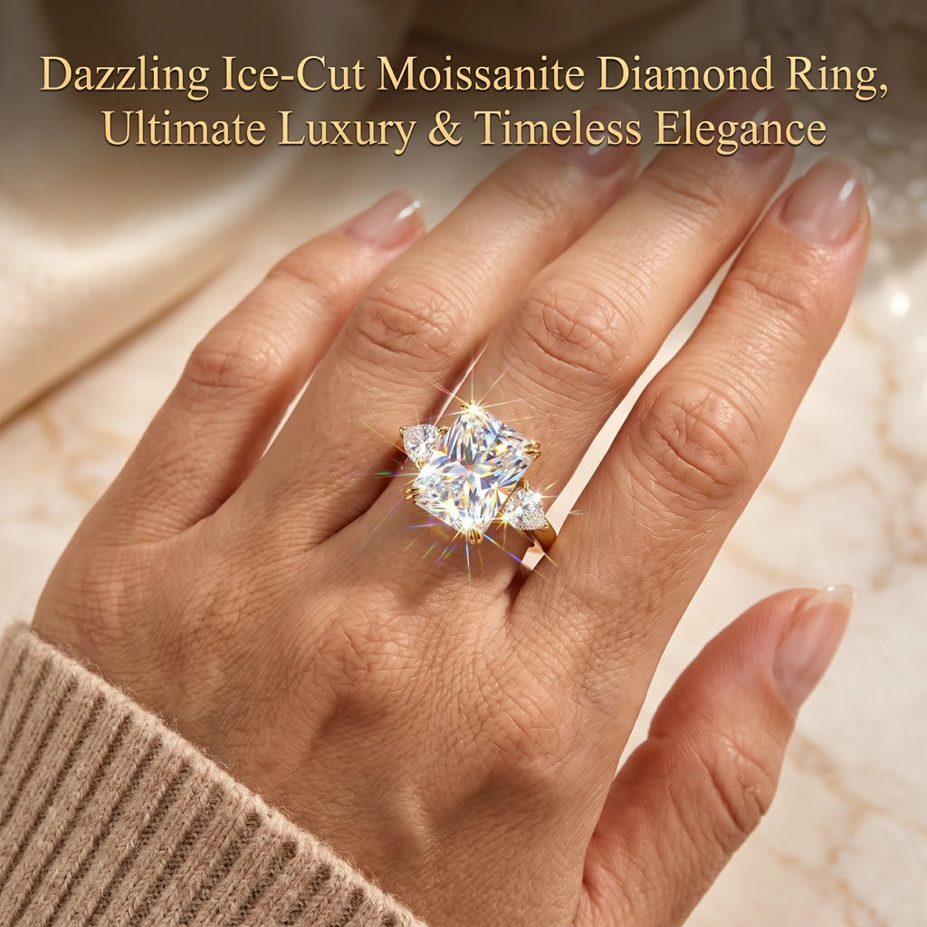 🔥 LAST DAY 90% OFF : Dazzling Ice-Cut Moissanite Diamond Ring (1.5CT - 5.0CT) | 18K Gold Plated S925 Three-Stone Radiant Ring with Trillion Accents