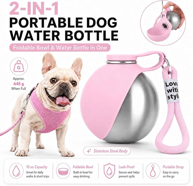 Portable Dog Water Bottle, 10 oz Stainless Steel Pet Travel Dispenser with Silicone Foldable Bowl, Leak Proof Tumbler, Dog Walking Accessories for Hiking and Small Pets