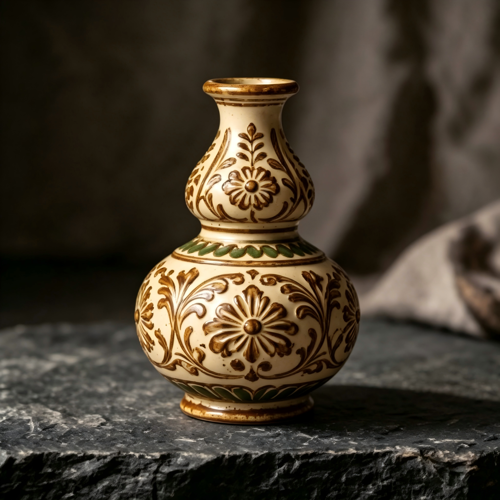 Embossed Earthy Floral Double Gourd Ceramic Vase