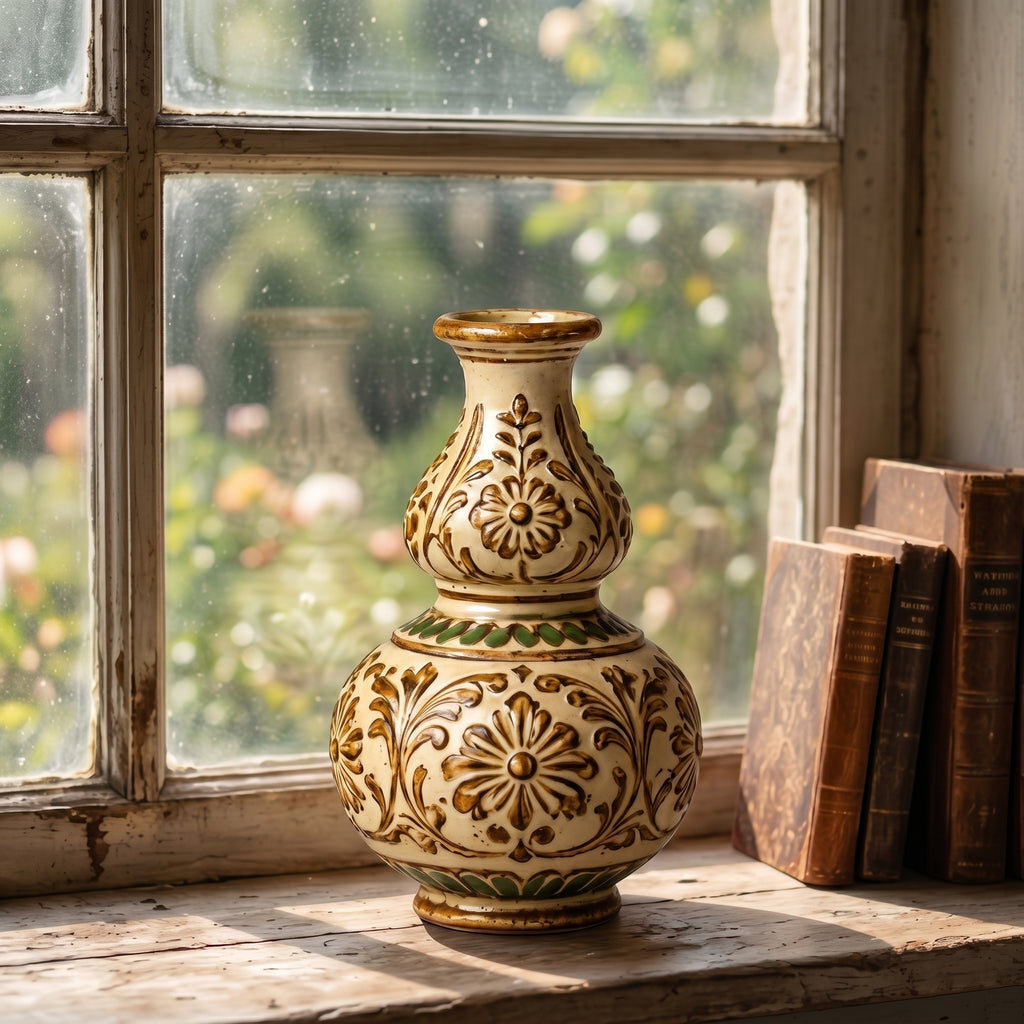 Embossed Earthy Floral Double Gourd Ceramic Vase