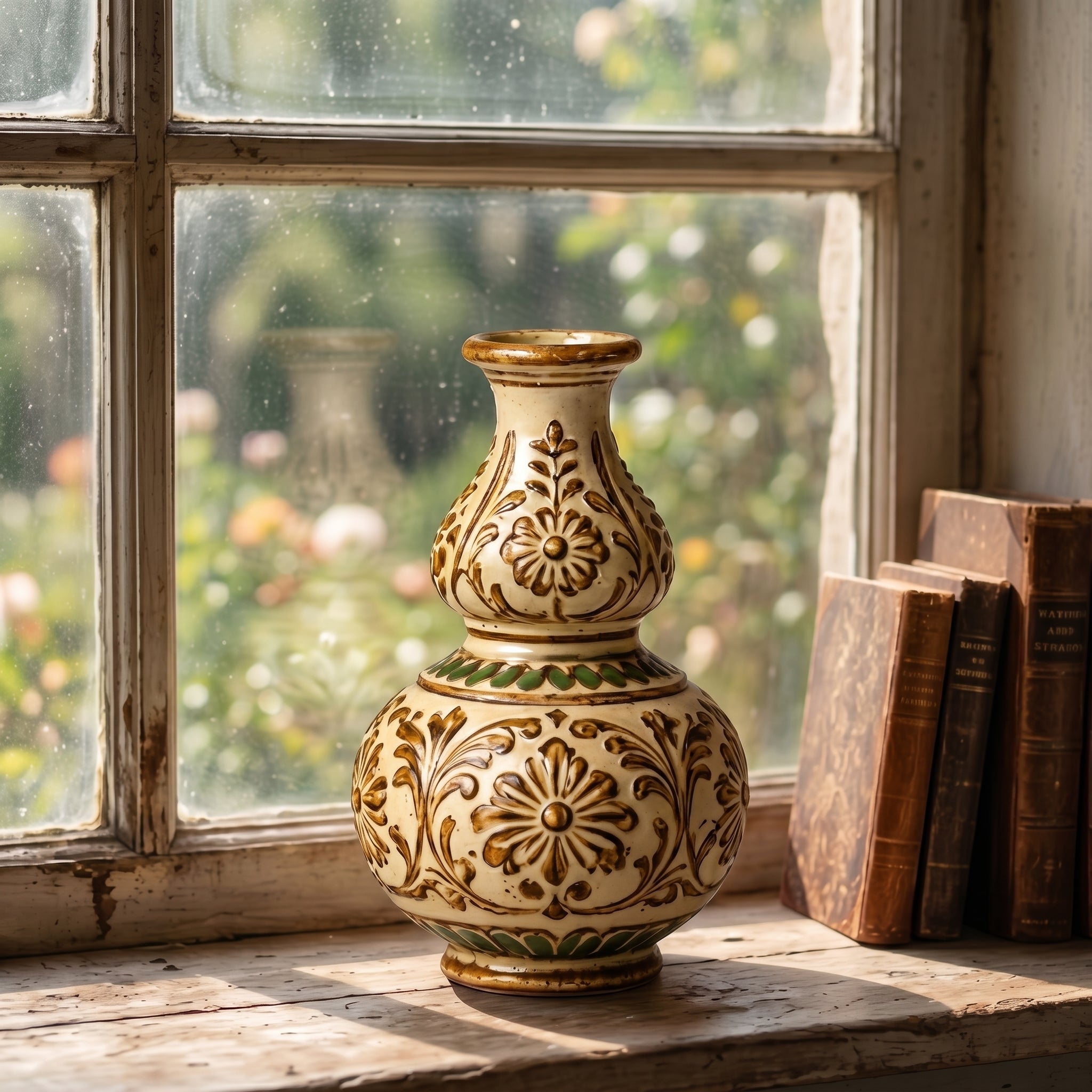 Embossed Earthy Floral Double Gourd Ceramic Vase