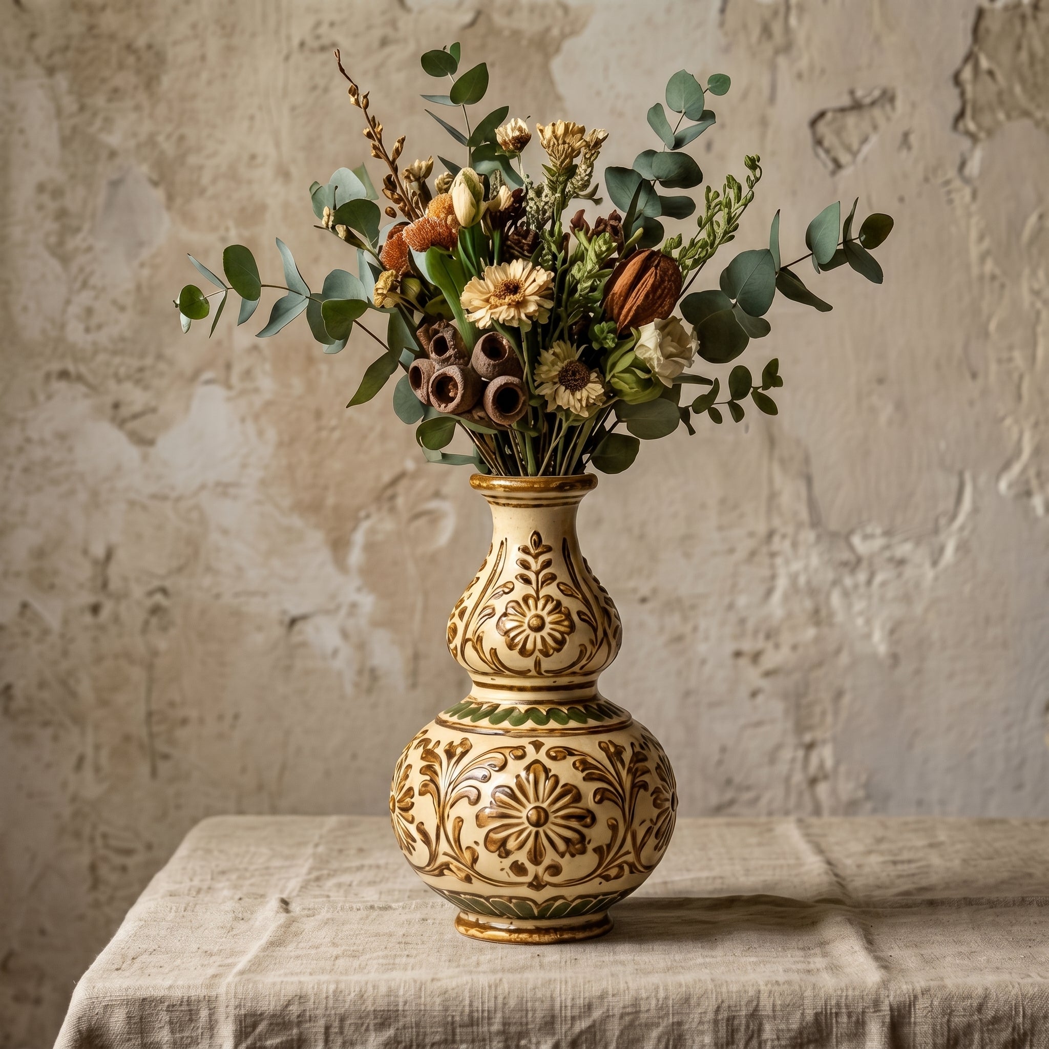 Embossed Earthy Floral Double Gourd Ceramic Vase