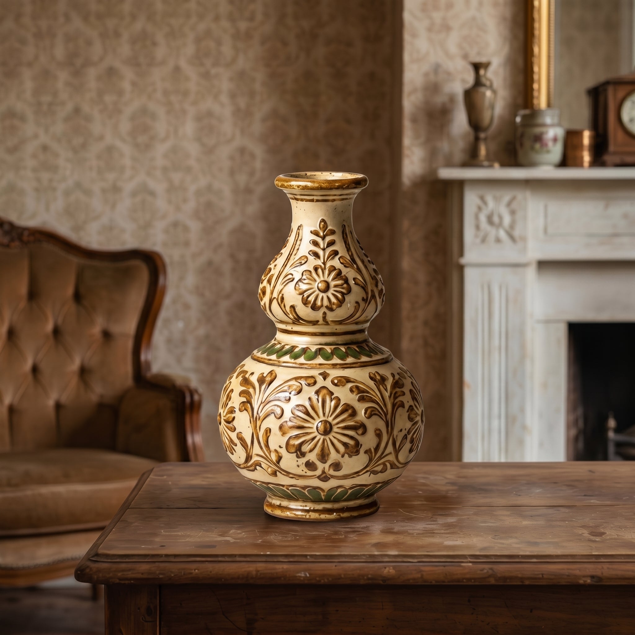 Embossed Earthy Floral Double Gourd Ceramic Vase