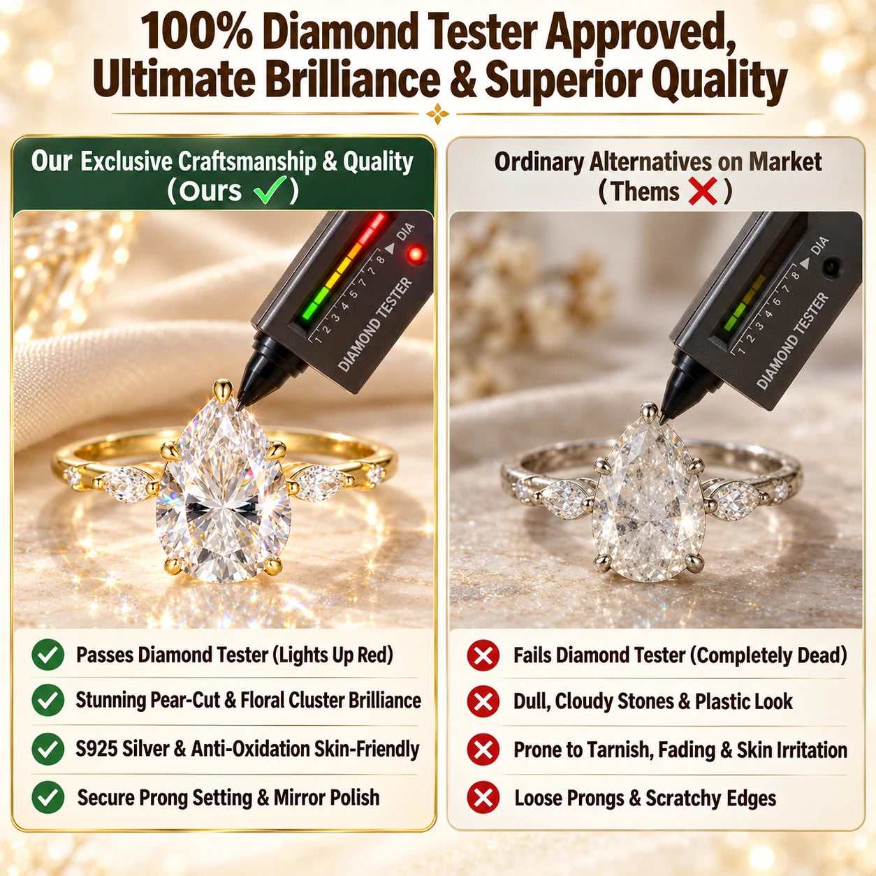 🔥 LAST DAY 90% OFF : Dazzling Pear-Cut Moissanite Ring | 18K Gold Plated S925 Teardrop Solitaire Ring with Marquise Accents