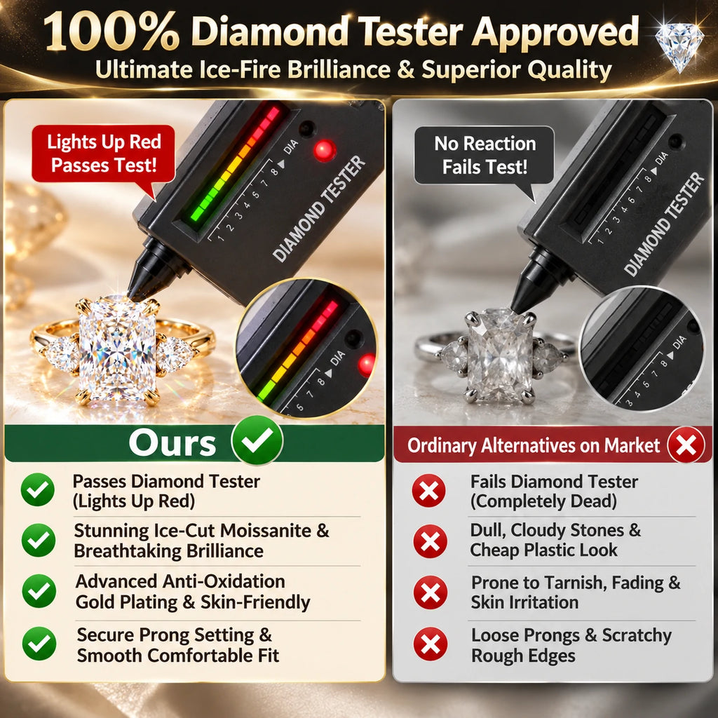 🔥 LAST DAY 90% OFF : Dazzling Ice-Cut Moissanite Diamond Ring (1.5CT - 5.0CT) | 18K Gold Plated S925 Three-Stone Radiant Ring with Trillion Accents