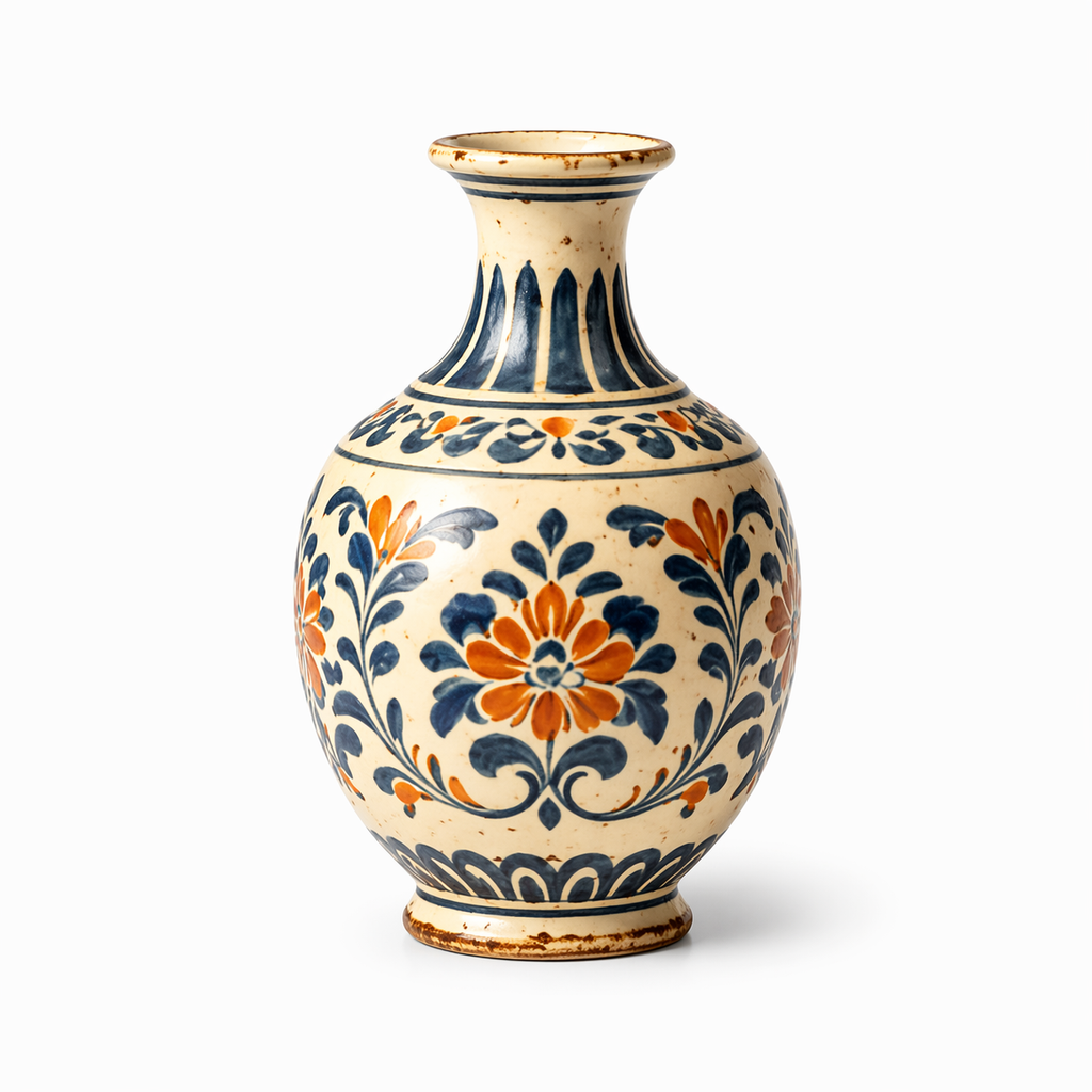 Mediterranean Vintage Blue and Orange Floral Ceramic Vase