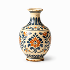 Mediterranean Vintage Blue and Orange Floral Ceramic Vase