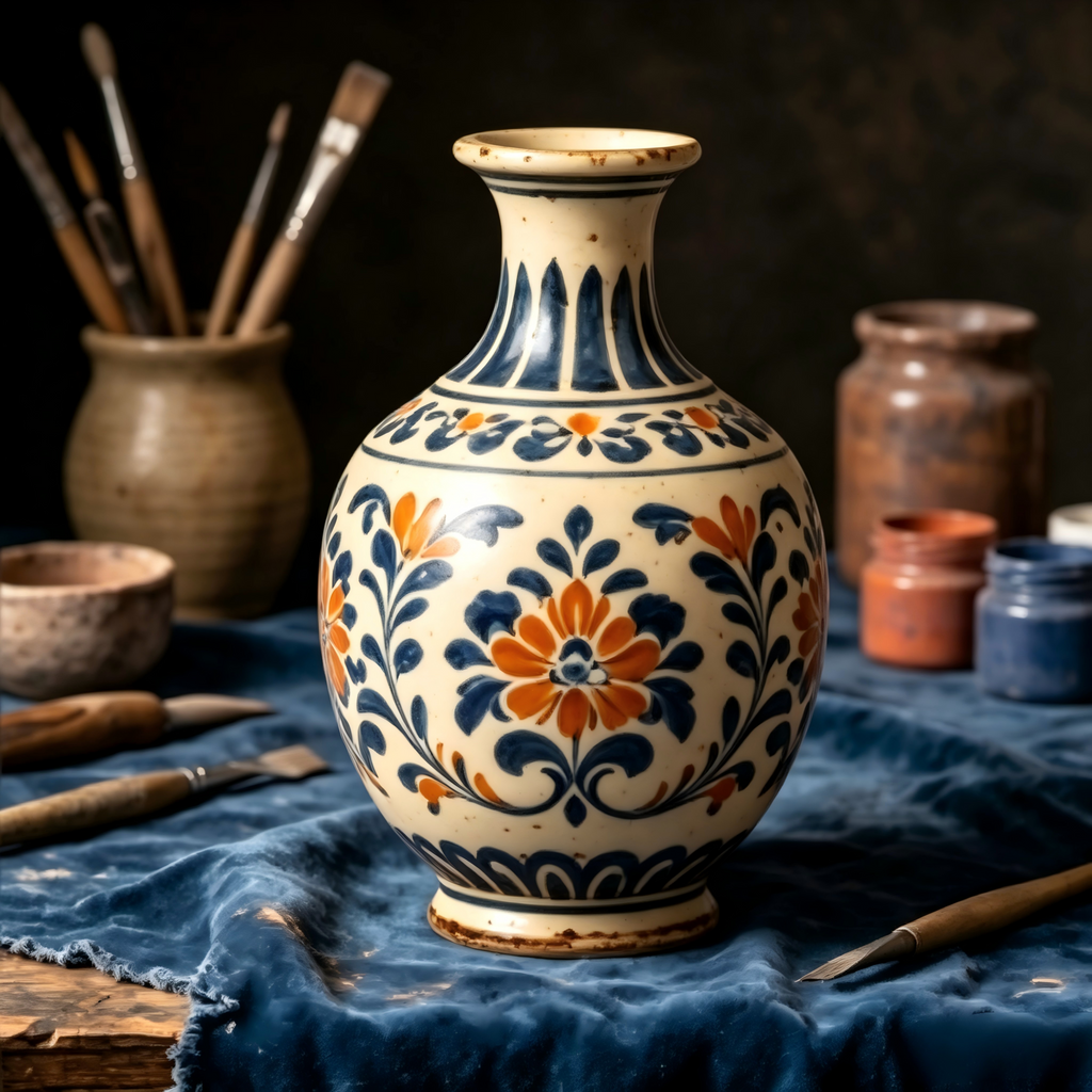 Mediterranean Vintage Blue and Orange Floral Ceramic Vase
