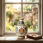 Mediterranean Vintage Blue and Orange Floral Ceramic Vase