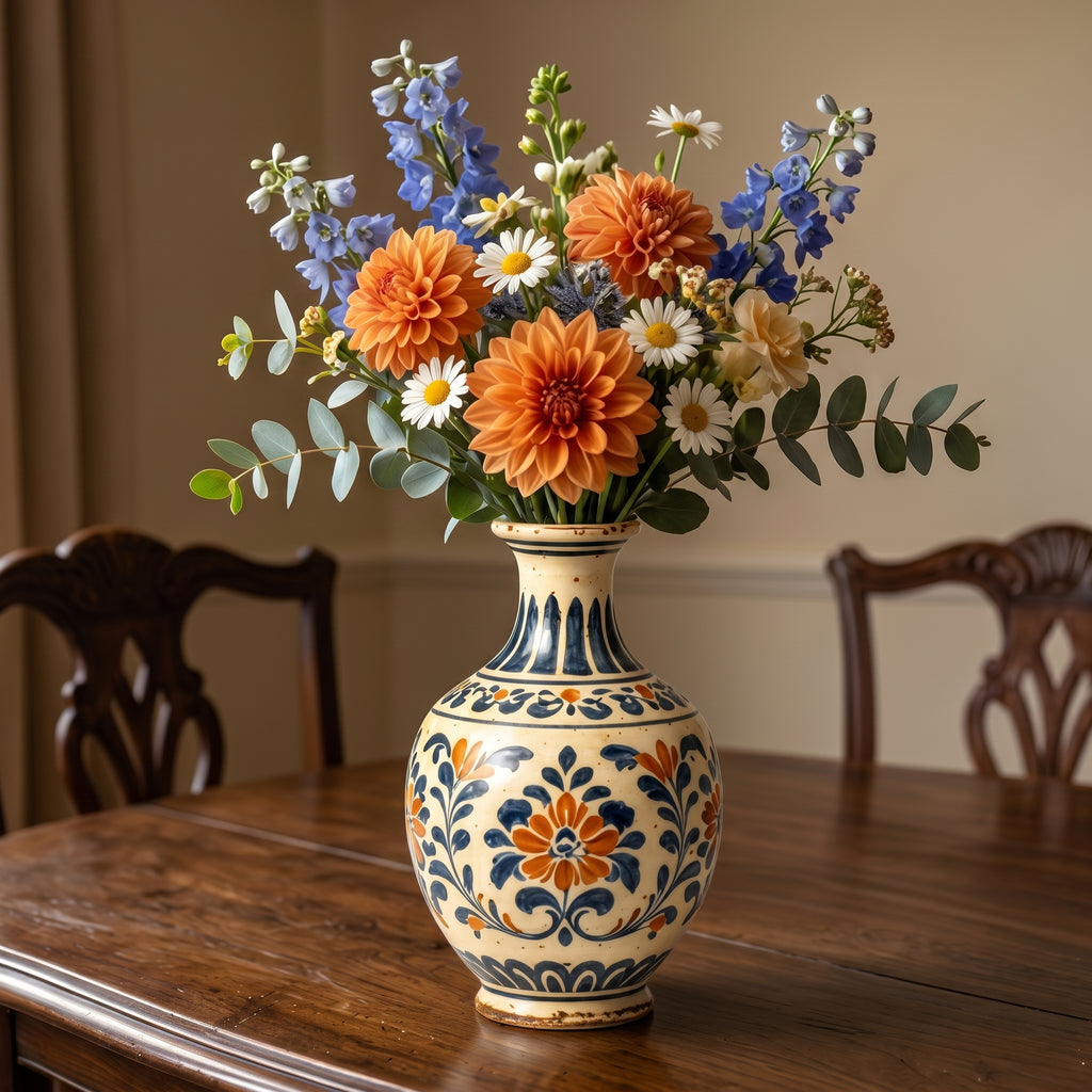 Mediterranean Vintage Blue and Orange Floral Ceramic Vase