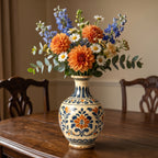 Mediterranean Vintage Blue and Orange Floral Ceramic Vase