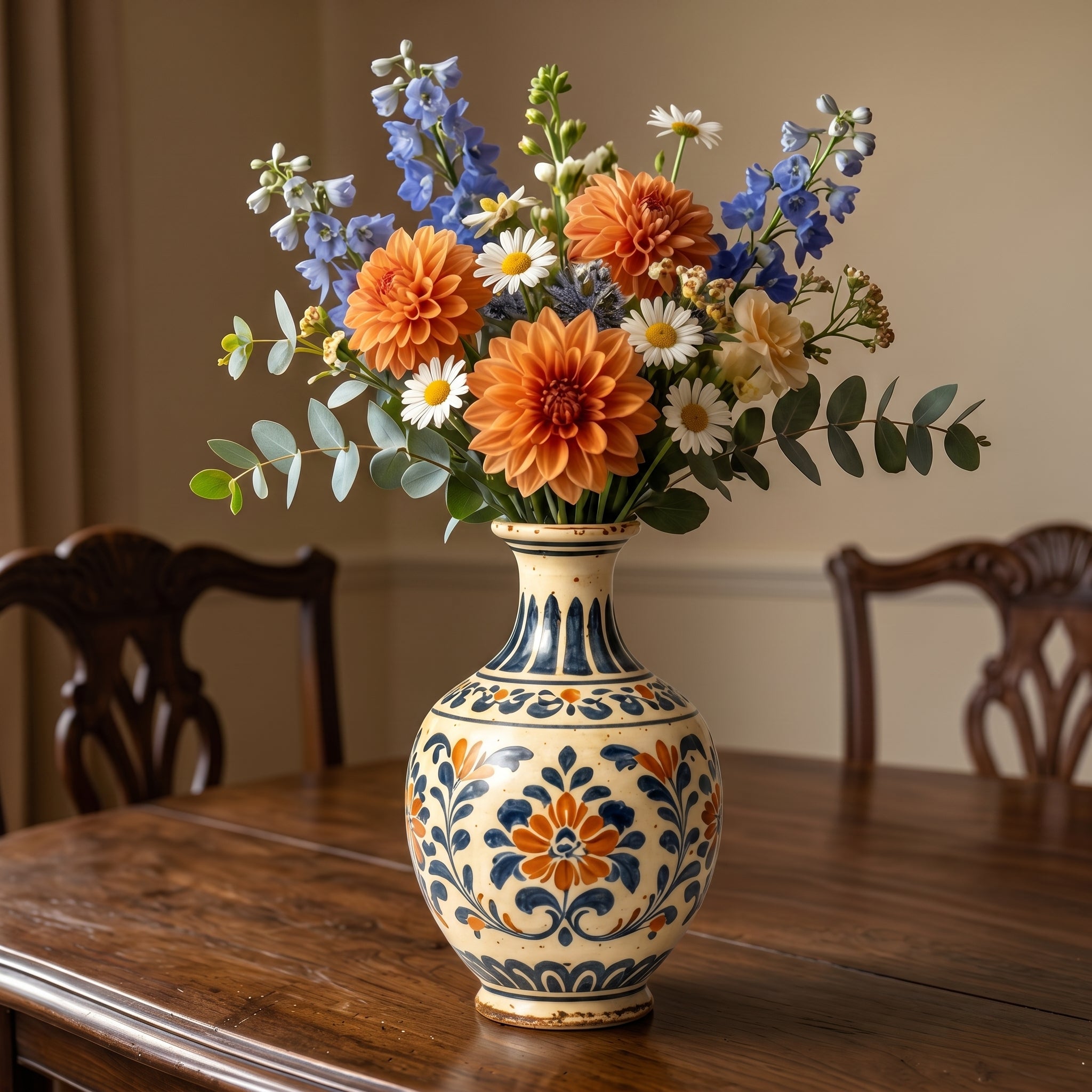 Mediterranean Vintage Blue and Orange Floral Ceramic Vase