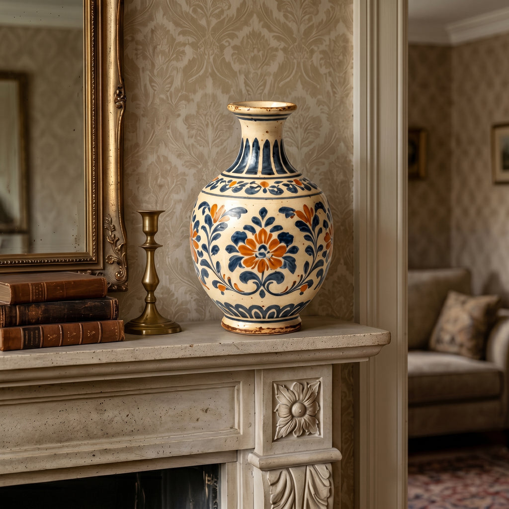 Mediterranean Vintage Blue and Orange Floral Ceramic Vase