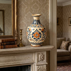 Mediterranean Vintage Blue and Orange Floral Ceramic Vase