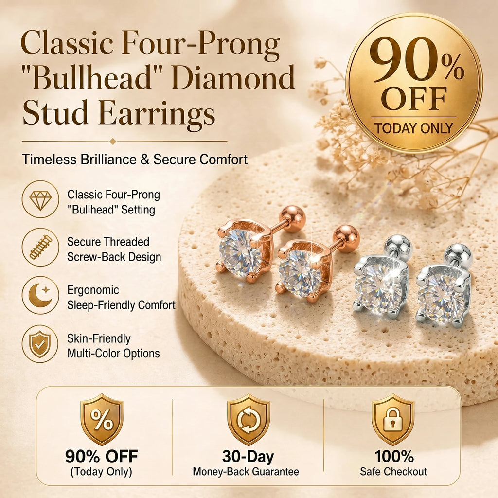 🔥 LAST DAY 90% OFF : Classic Four-Prong "Bullhead" Diamond Stud Earrings (Secure Screw-Back) – Timeless Brilliance & Sleep-Friendly Comfort
