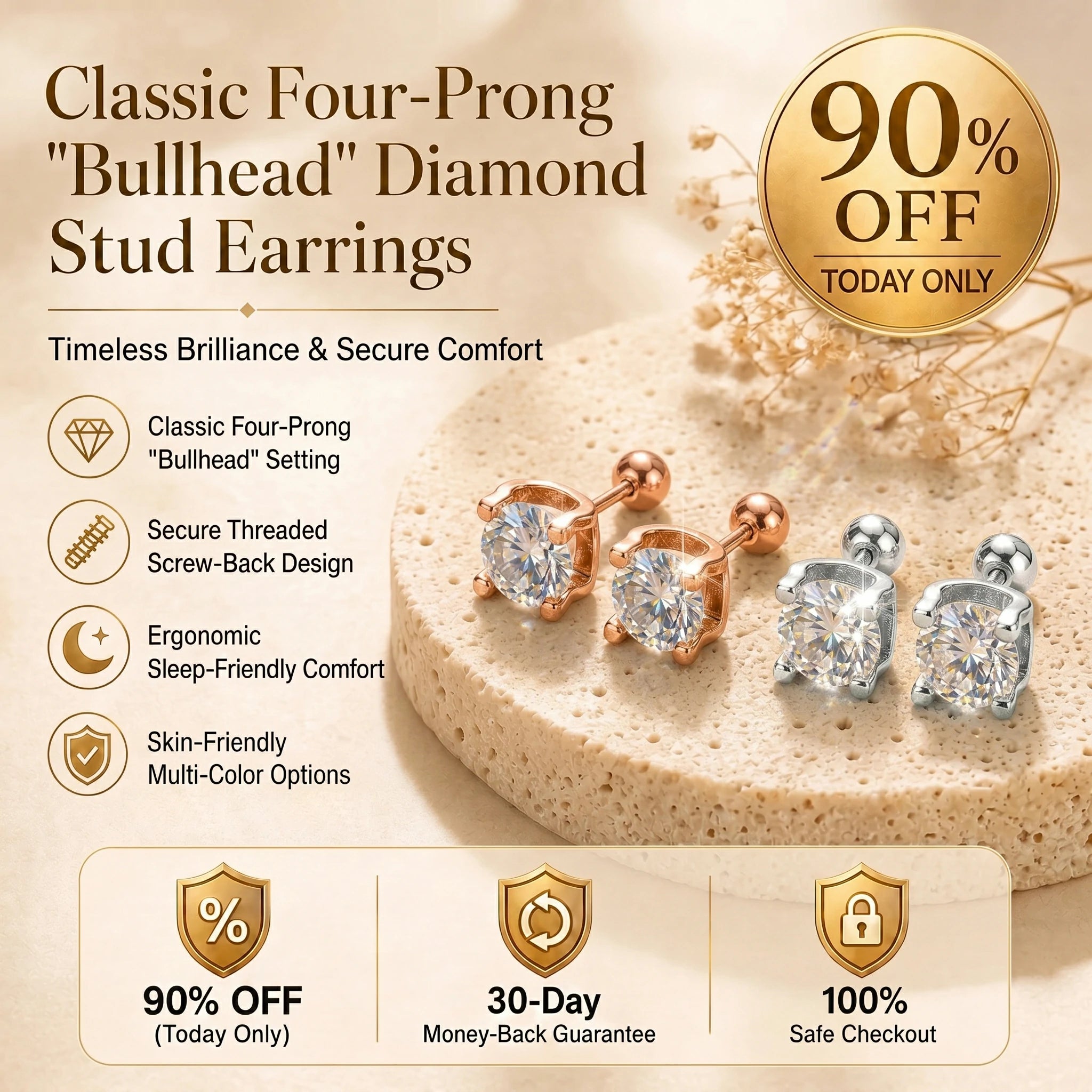 🔥 LAST DAY 90% OFF : Classic Four-Prong "Bullhead" Diamond Stud Earrings (Secure Screw-Back) – Timeless Brilliance & Sleep-Friendly Comfort