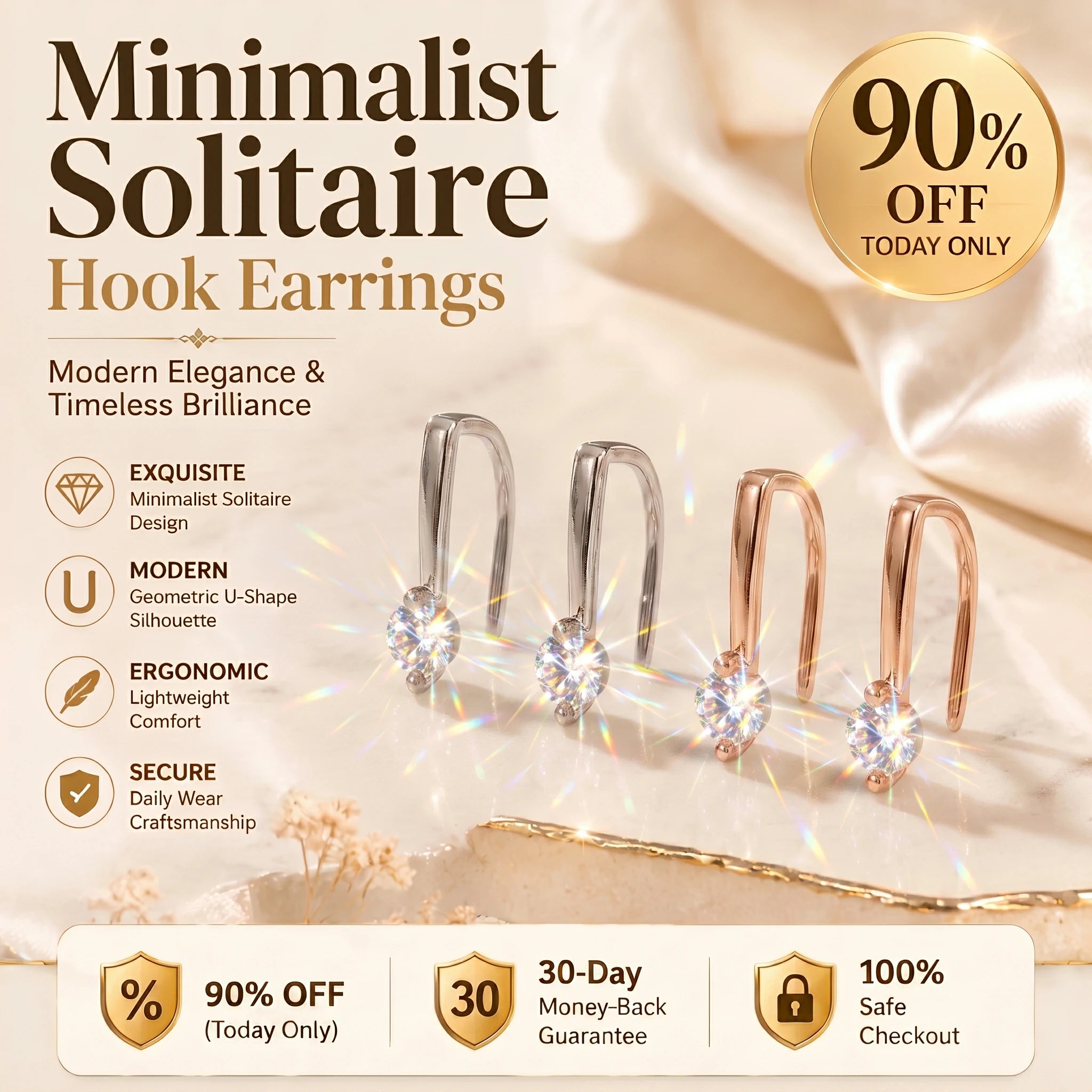 🔥 LAST DAY 90% OFF : Minimalist Solitaire U-Shape Hook Earrings – Easy-On Comfort & Timeless Brilliance