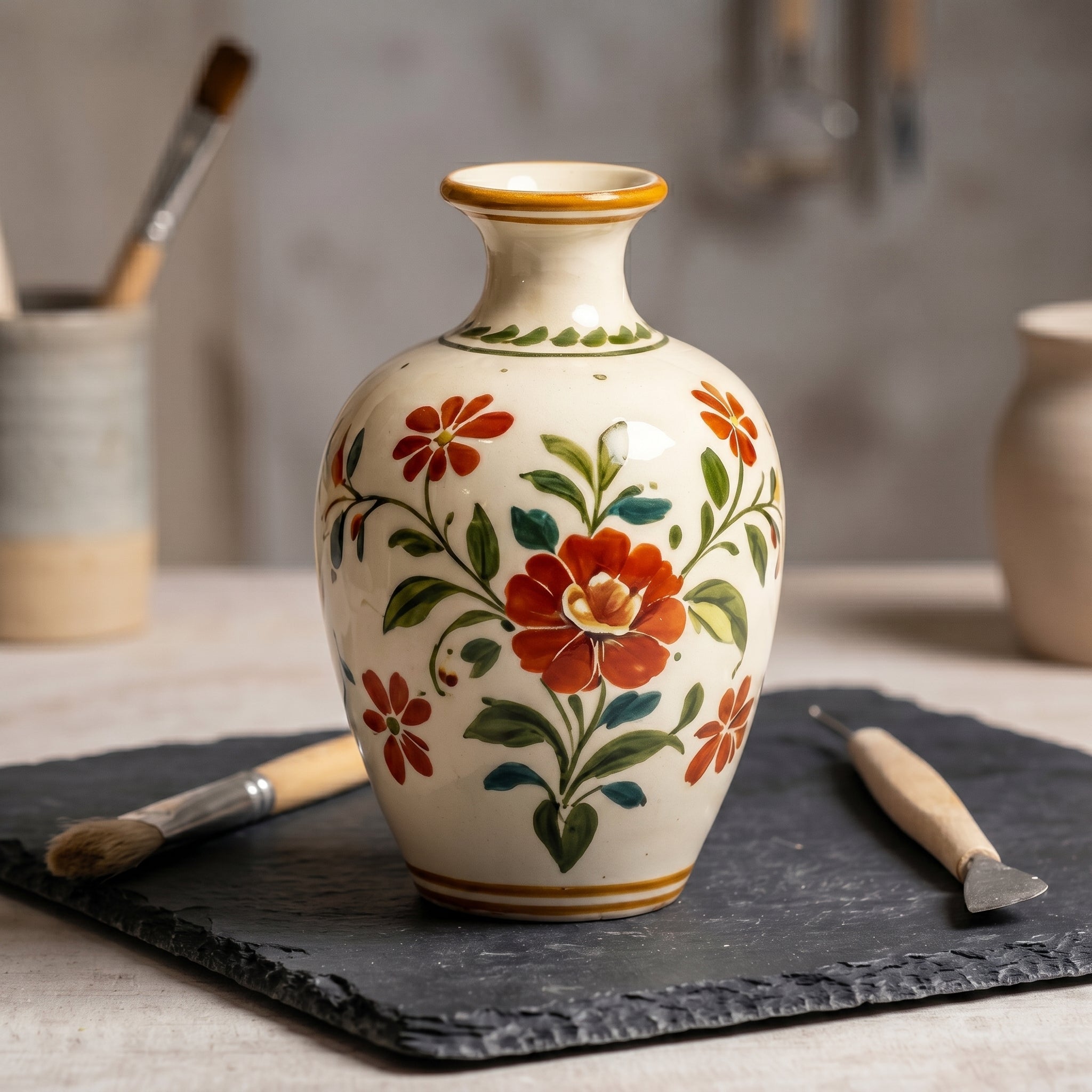 Hand-Painted Crimson Bloom Vintage Ceramic Vase