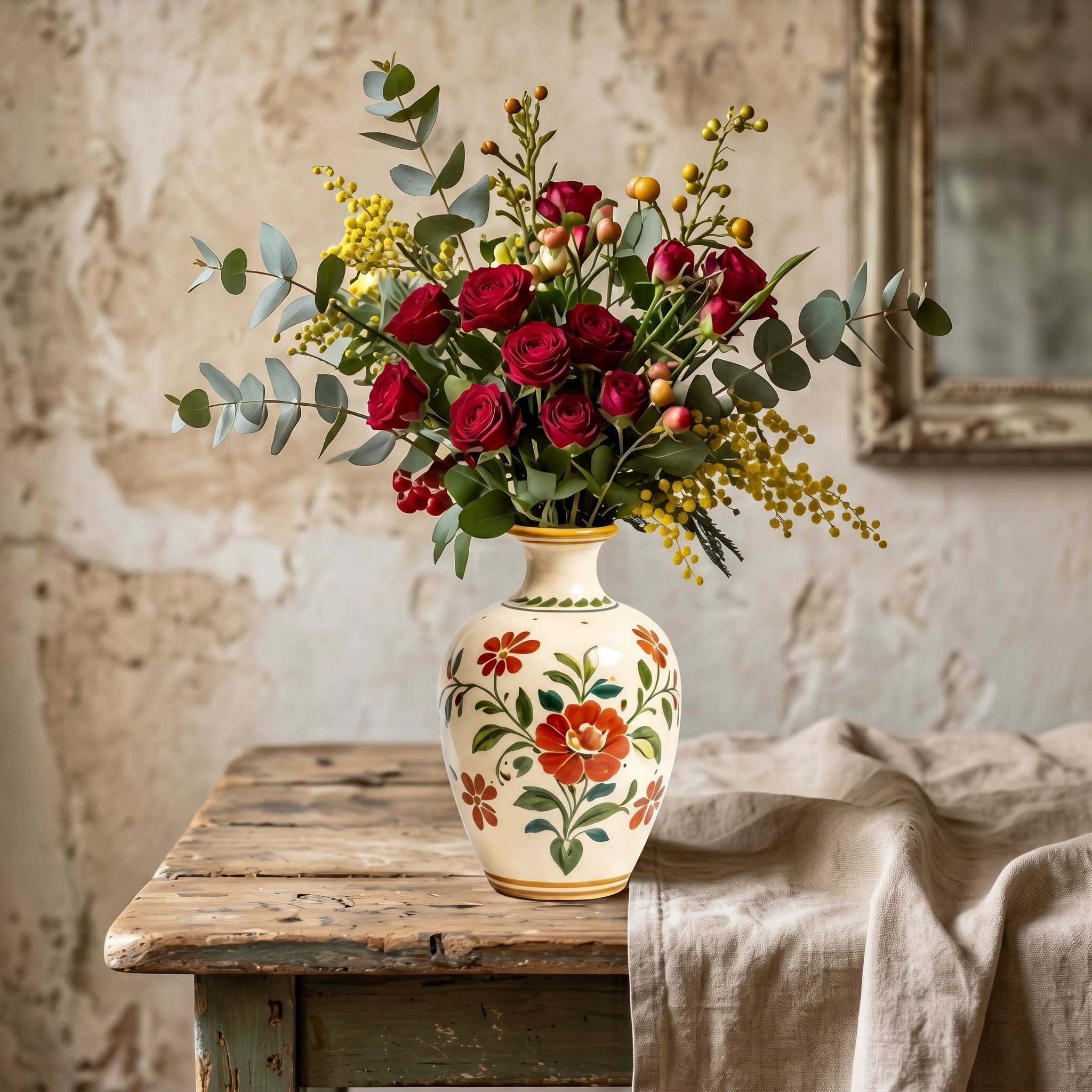 Hand-Painted Crimson Bloom Vintage Ceramic Vase