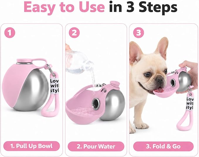 Portable Dog Water Bottle, 10 oz Stainless Steel Pet Travel Dispenser with Silicone Foldable Bowl, Leak Proof Tumbler, Dog Walking Accessories for Hiking and Small Pets