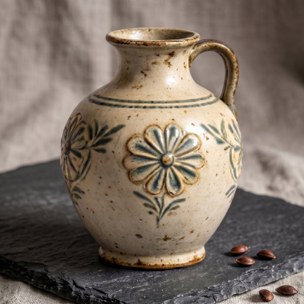 Rustic Stoneware Floral Pitcher Vase