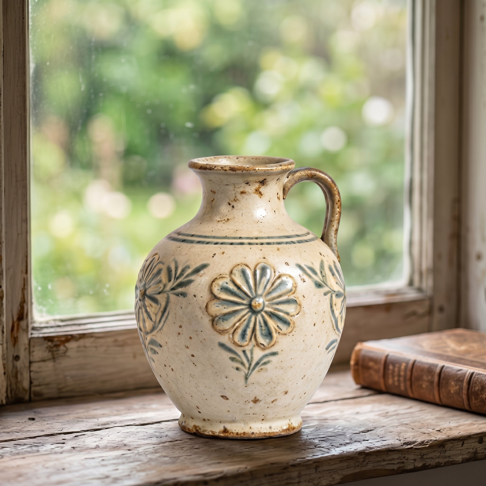 Rustic Stoneware Floral Pitcher Vase