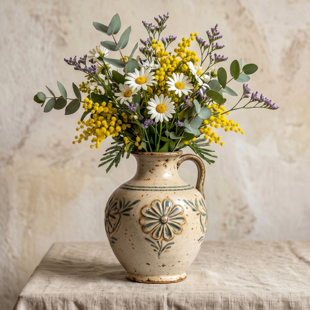 Rustic Stoneware Floral Pitcher Vase