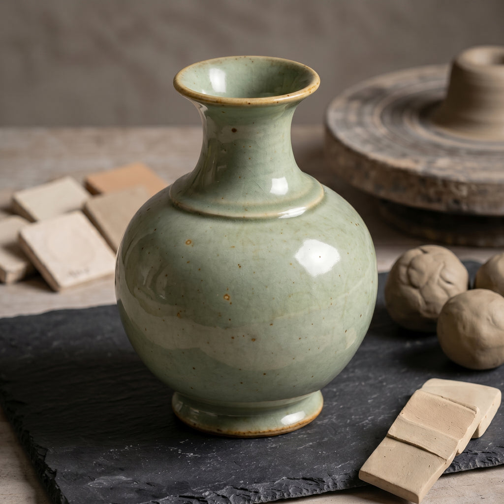 Serene Celadon Green Speckled Ceramic Vase