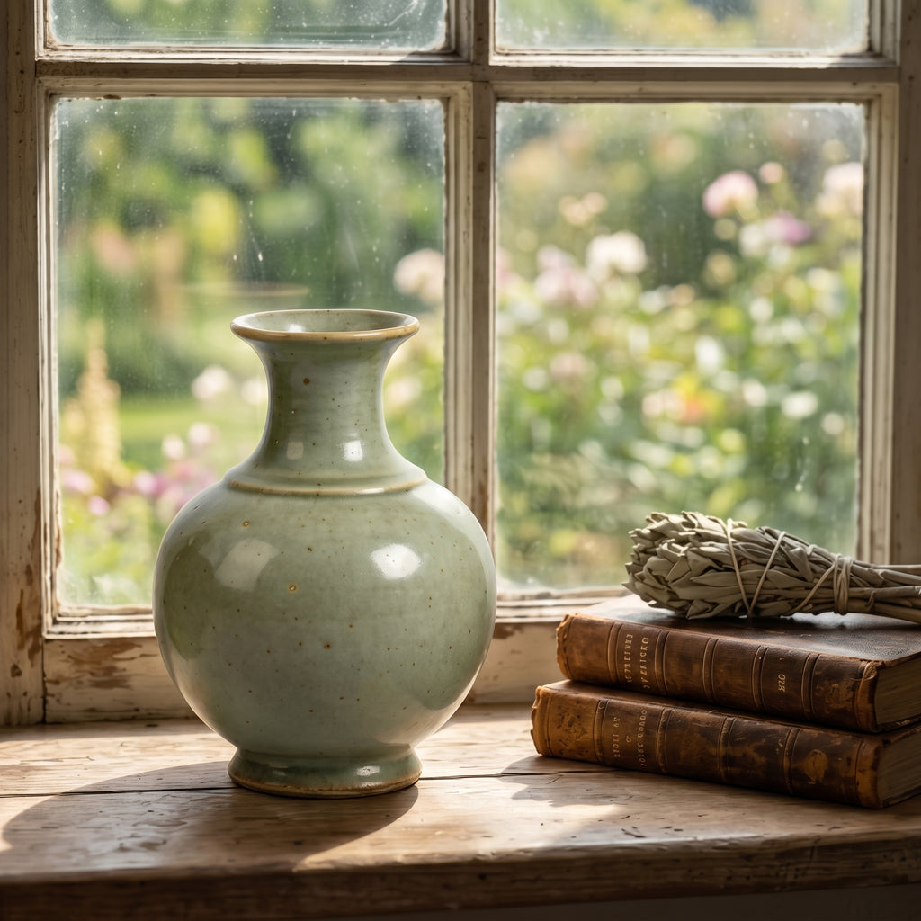 Serene Celadon Green Speckled Ceramic Vase