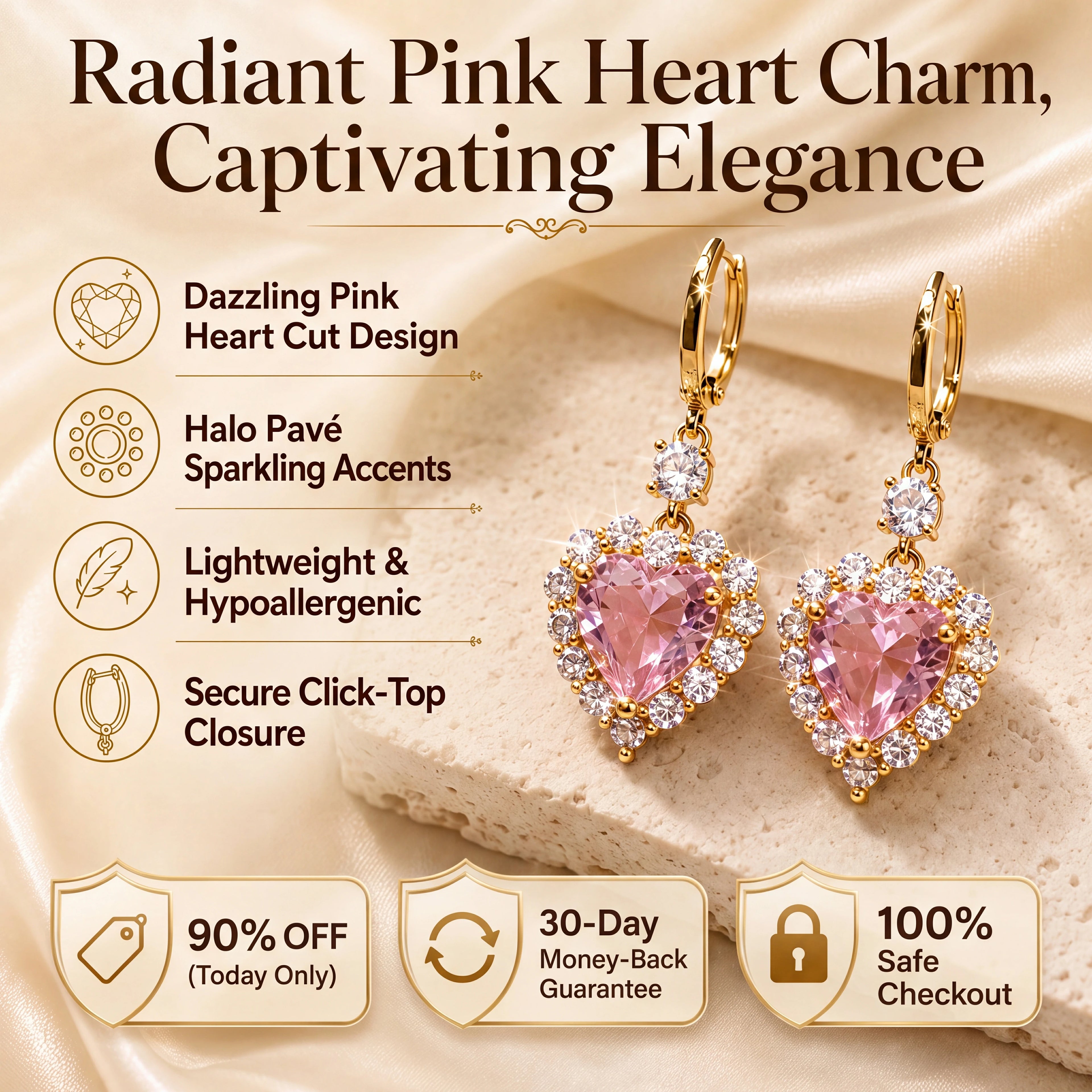 🔥 LAST DAY 90% OFF : Radiant Pink Heart Charm Drop Earrings – Captivating Sparkle & Featherlight Elegance