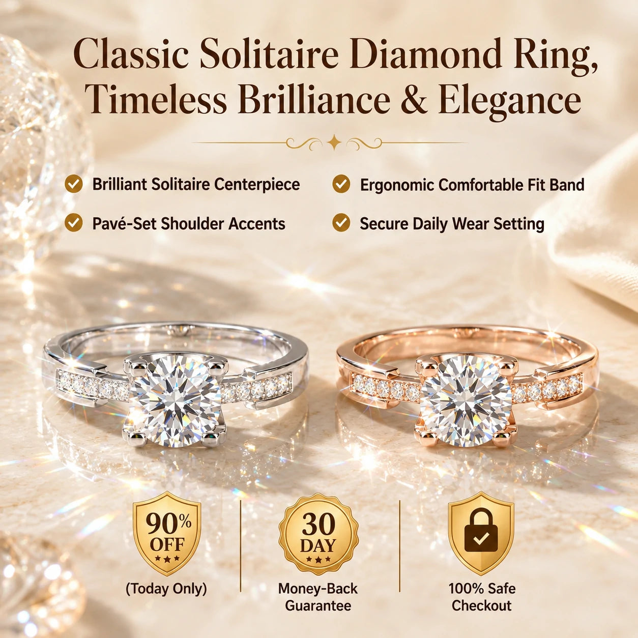🔥90% OFF TODAY ONLY：Classic Solitaire Pavé Diamond Ring – Timeless Brilliance &amp; Ergonomic Comfort Fit